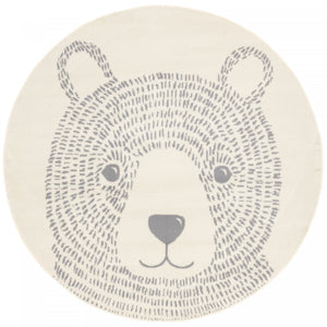 Kids Teddy Bear Area Rug - 5ft Round - Cream/Grey