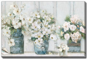 Softly Arranged Florals Art - White/Blue - 38 X 60