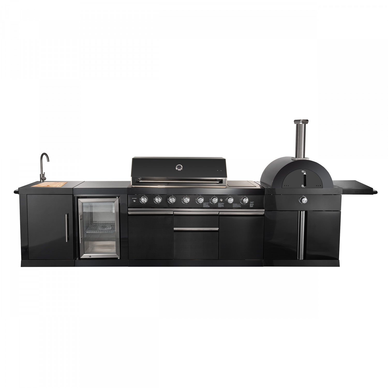 Forno All'Aperto Black Countertop Outdoor Kitchen with 74,600 BTU BBQ, Pizza Oven and Bar Module - FODKT2551BLK