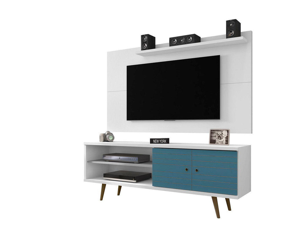 Lekedi 63" TV Stand and Panel Set - White/Aqua Blue