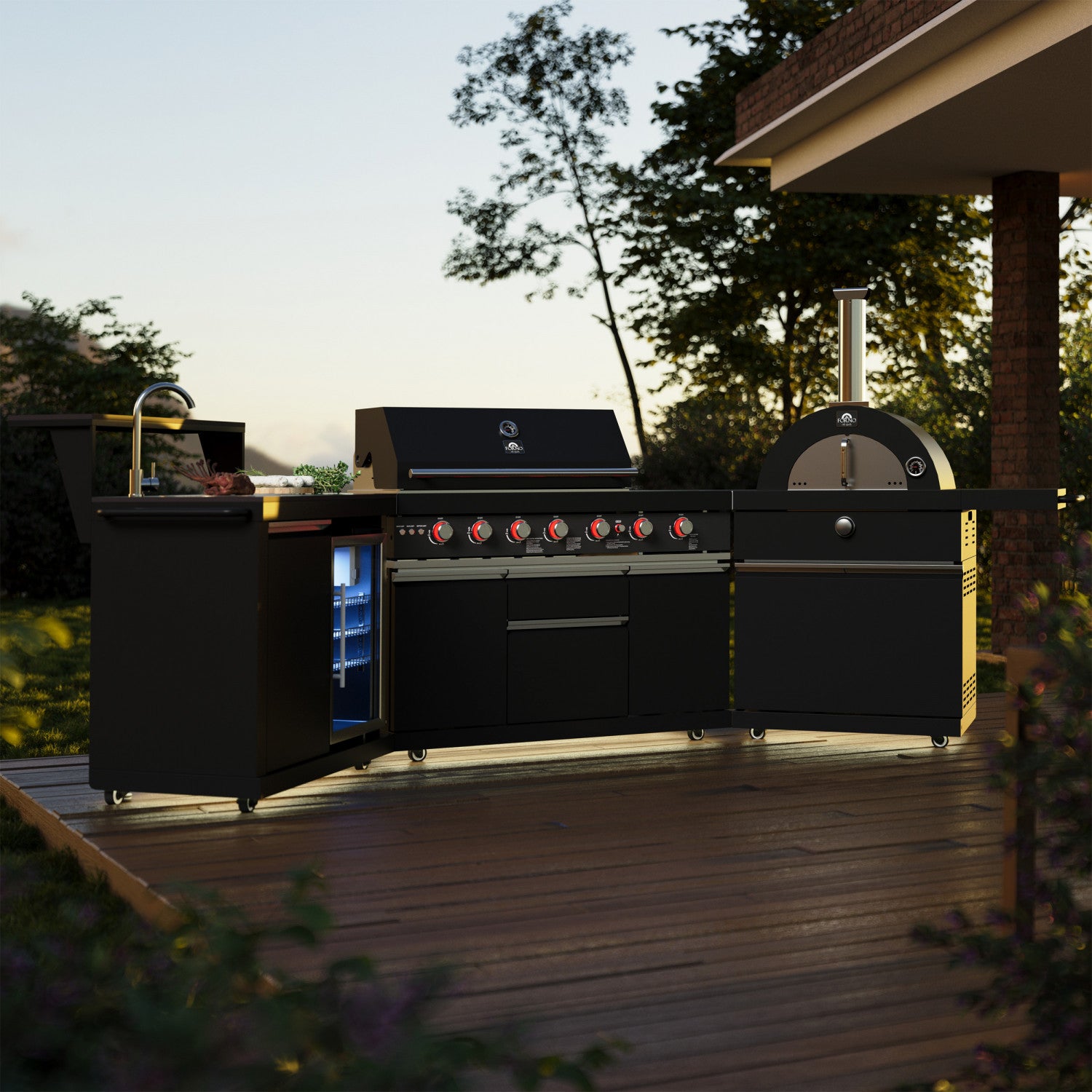 Forno All'Aperto Black Countertop Outdoor Kitchen with 74,600 BTU BBQ, Pizza Oven and Bar Module - FODKT2551BLK