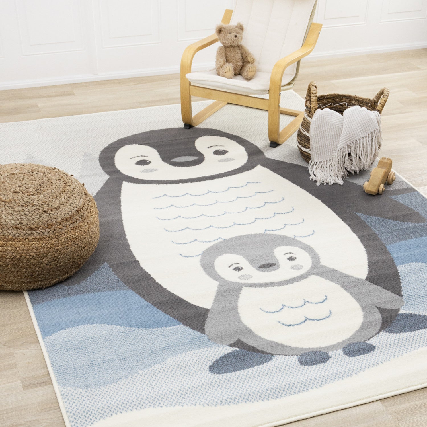 Kids Baby Penguin Area Rug - 5' X 8' - Grey/Blue