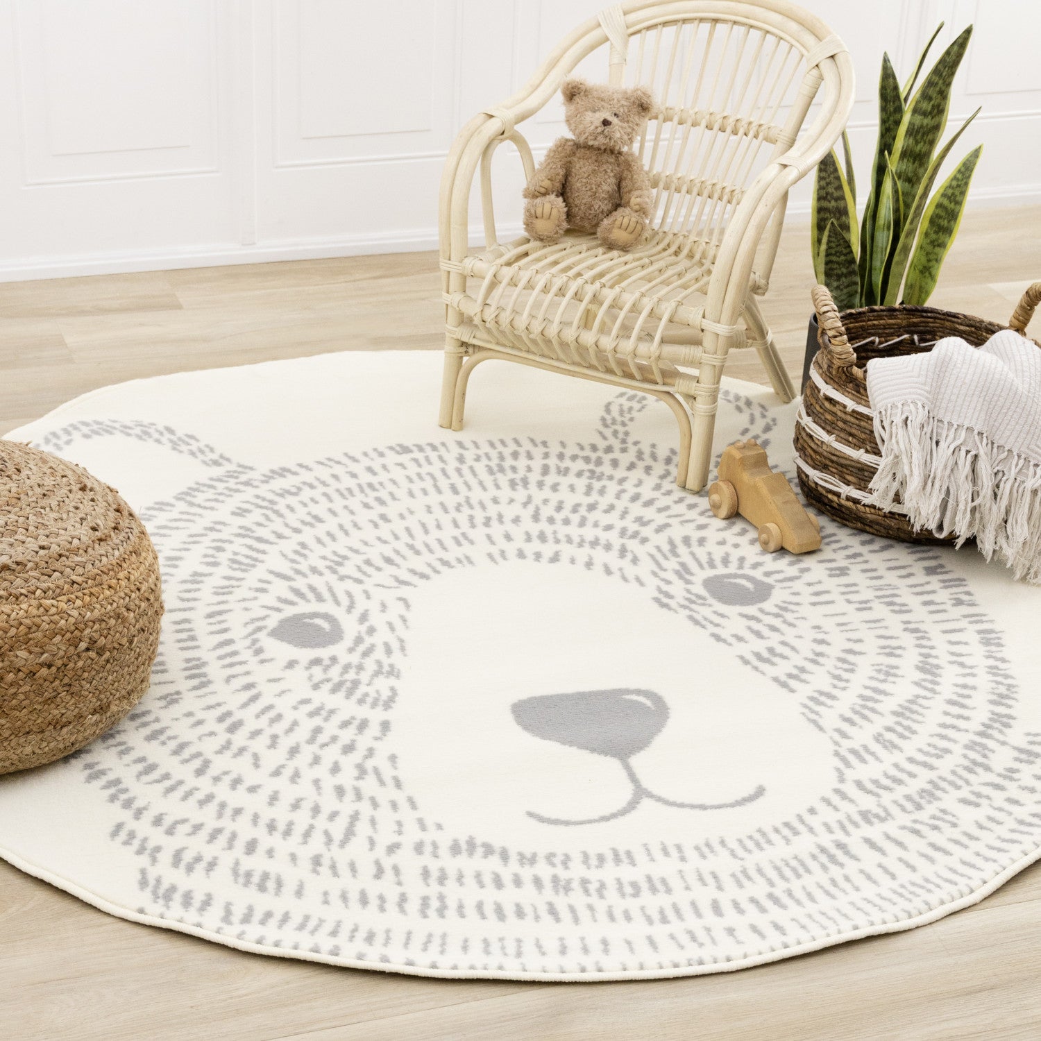 Kids Teddy Bear Area Rug - 5ft Round - Cream/Grey