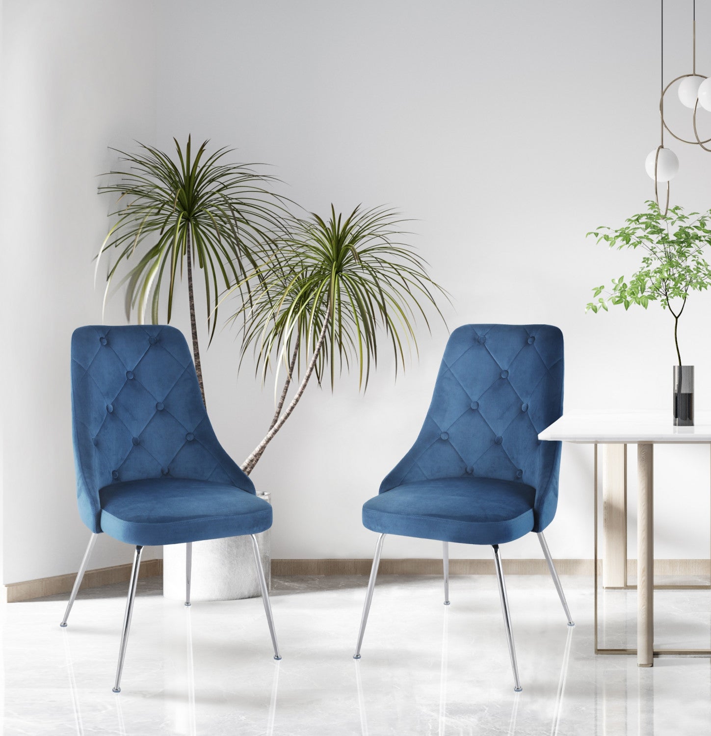 Peacock Velvet Dining Chair - Blue/Chrome - Set of Two