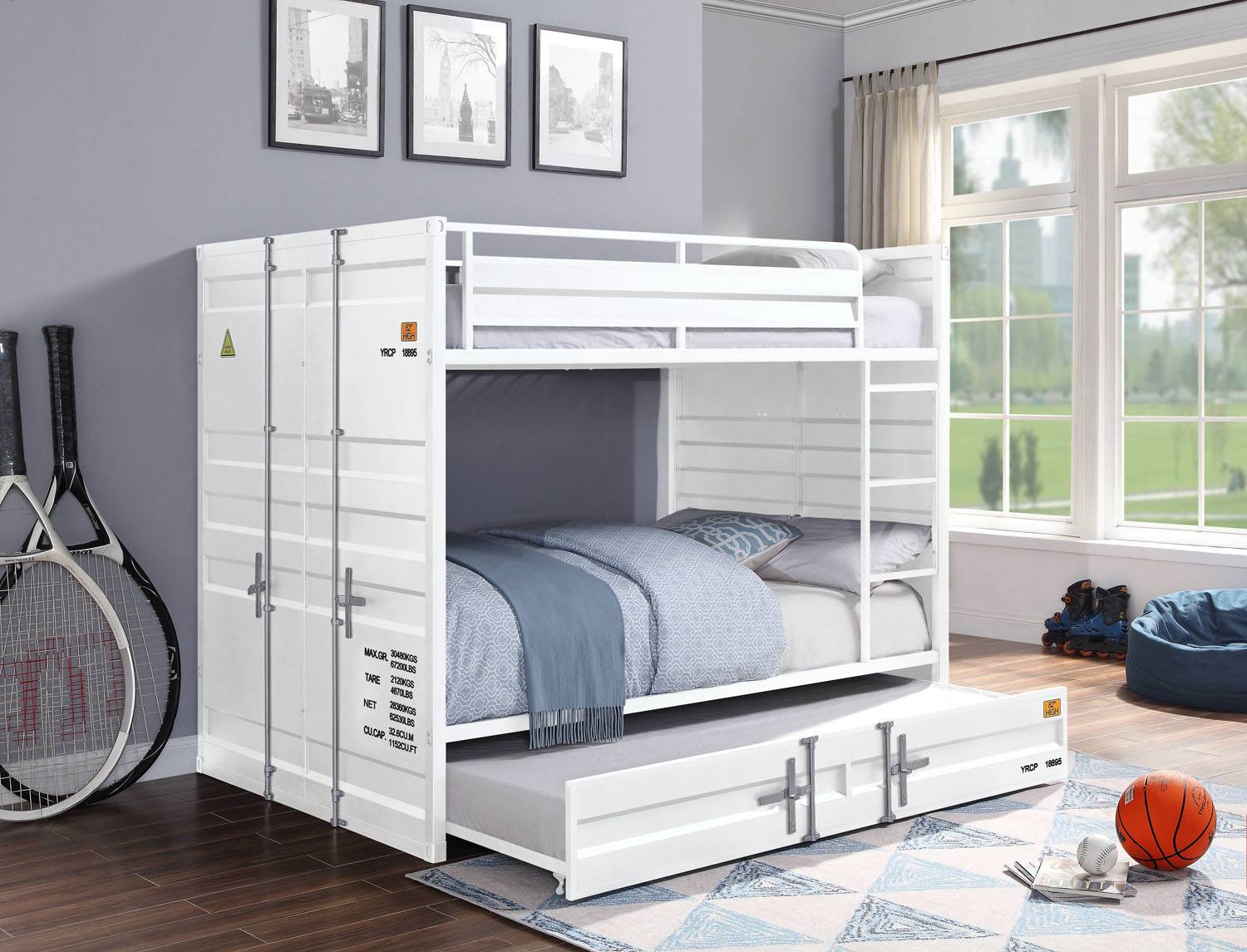 Konto Industrial Full Bunk Bed with Trundle- White