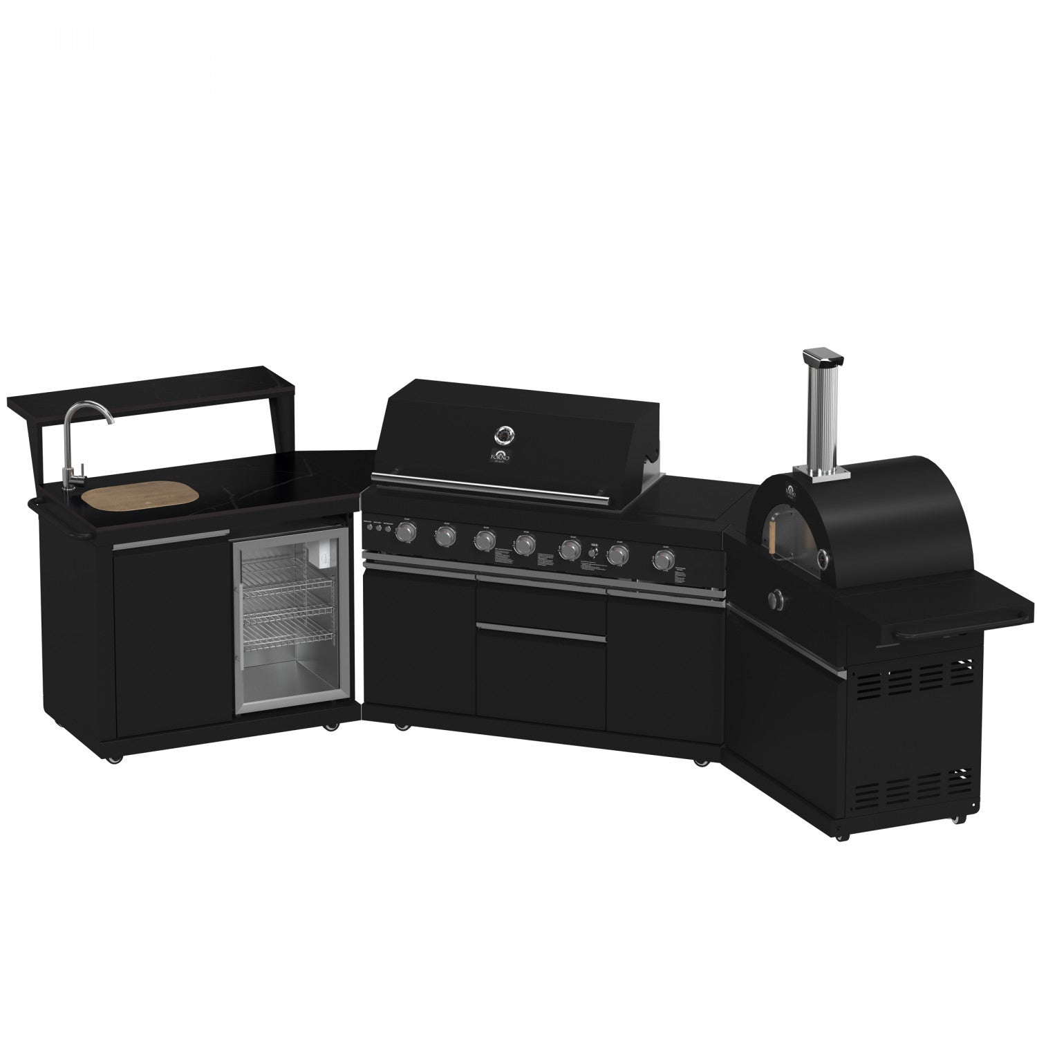 Forno All'Aperto Black Countertop Outdoor Kitchen with 74,600 BTU BBQ, Pizza Oven and Bar Module - FODKT2551BLK