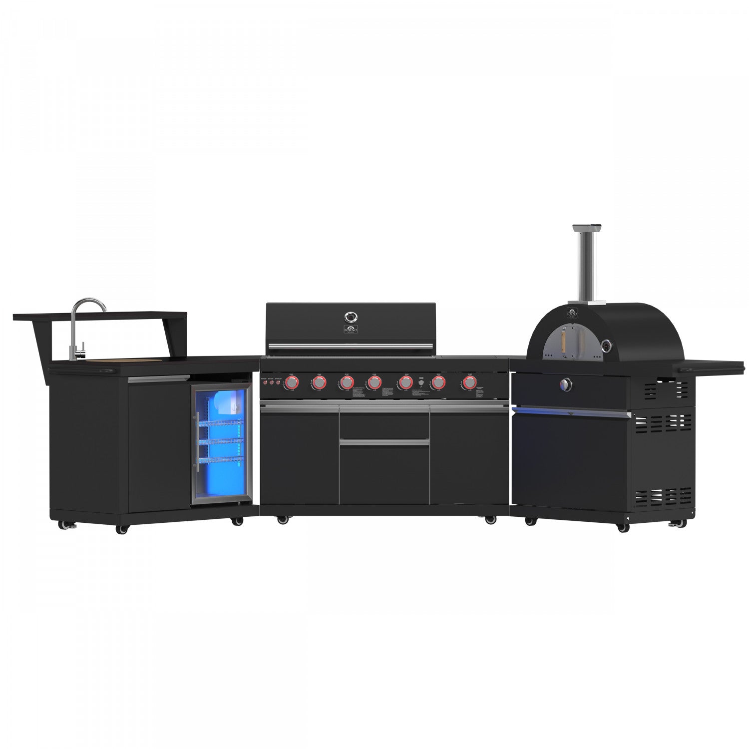 Forno All'Aperto Black Countertop Outdoor Kitchen with 74,600 BTU BBQ, Pizza Oven and Bar Module - FODKT2551BLK