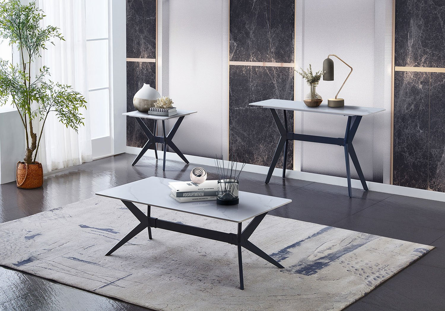 Kalani 47" Coffee Table - White Sintered Stone & Black Metal