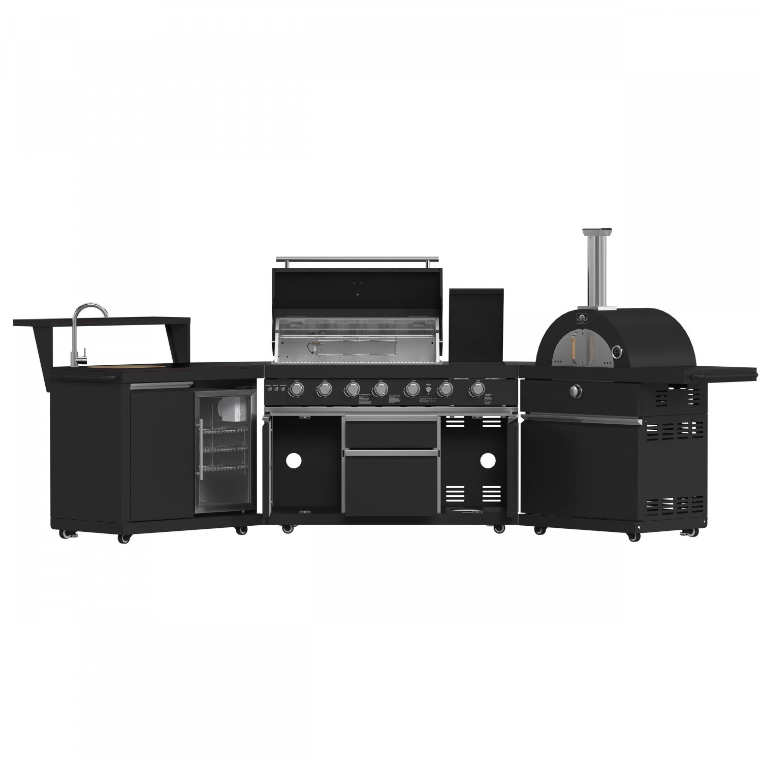 Forno All'Aperto Black Countertop Outdoor Kitchen with 74,600 BTU BBQ, Pizza Oven and Bar Module - FODKT2551BLK