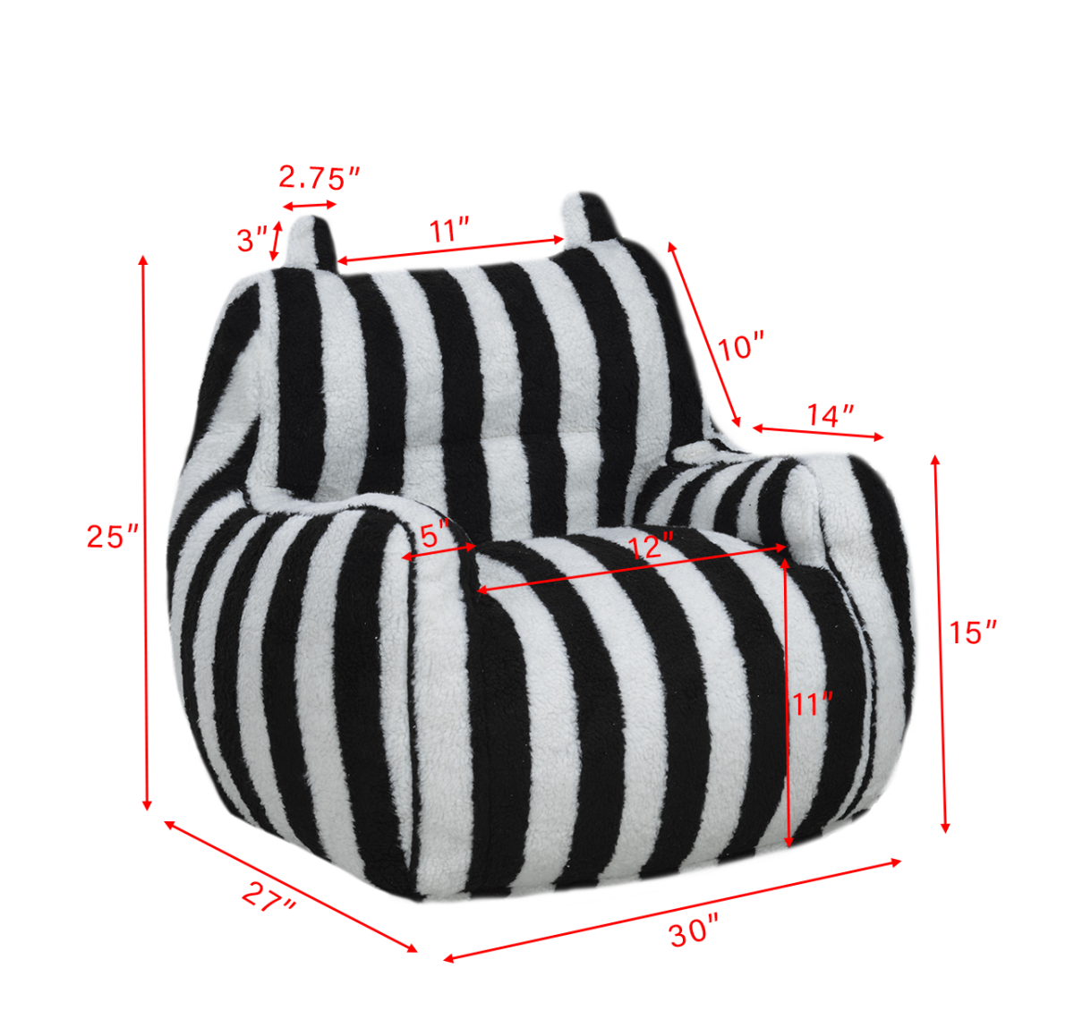 Dimensions diagram for Parker black and white striped kids foam chair showing height width and seat depth