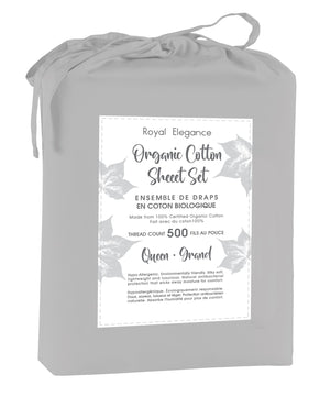 Cotton House Ens. Draps grand 100% coton biologique – 500 fils au pouce carré argent