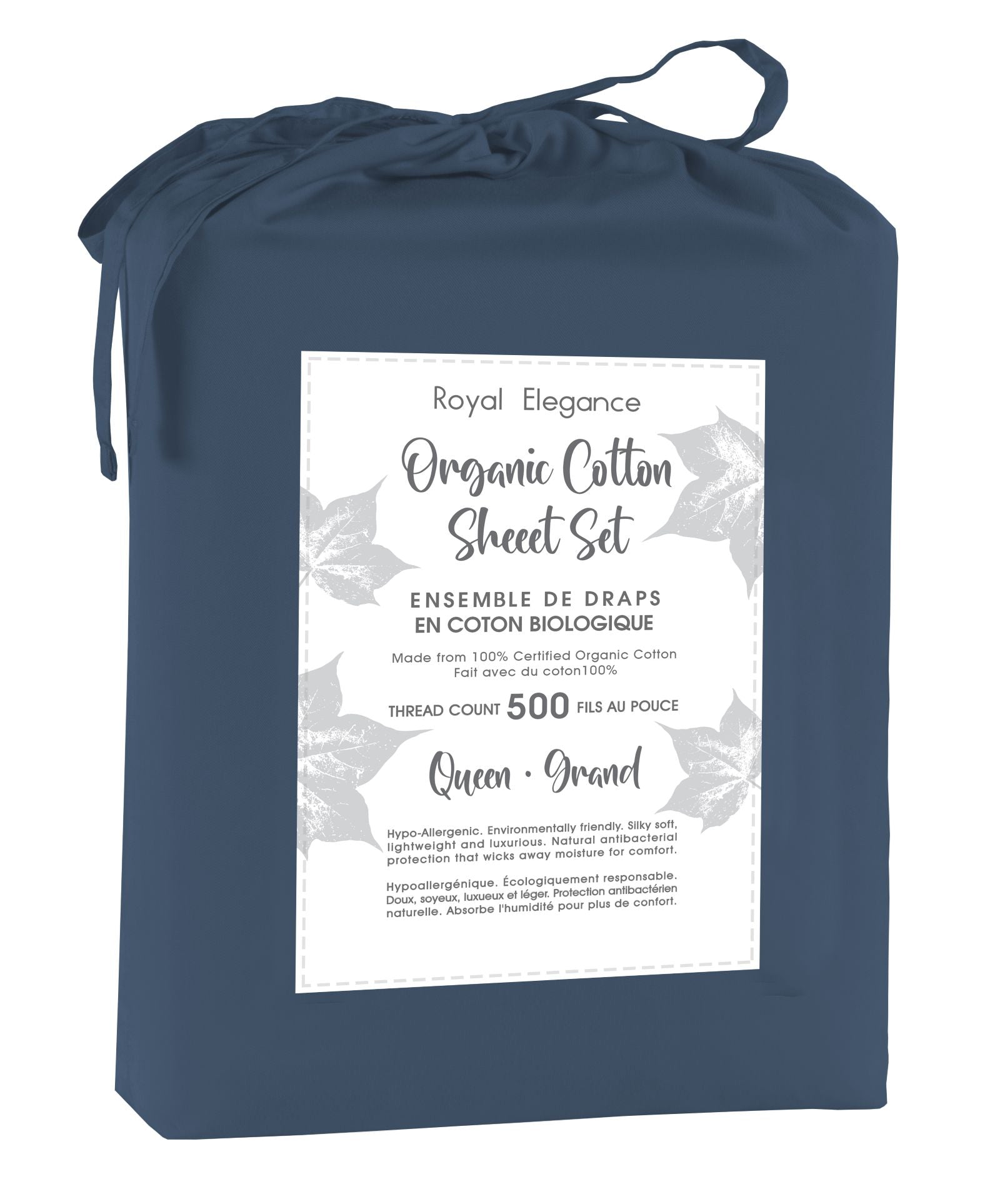 Cotton House 100% Organic Cotton Queen Sheet Set - 500 Thread Count Navy