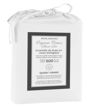 Cotton House Ens. Draps grand 100% coton biologique – 600 fils au pouce carré blanc