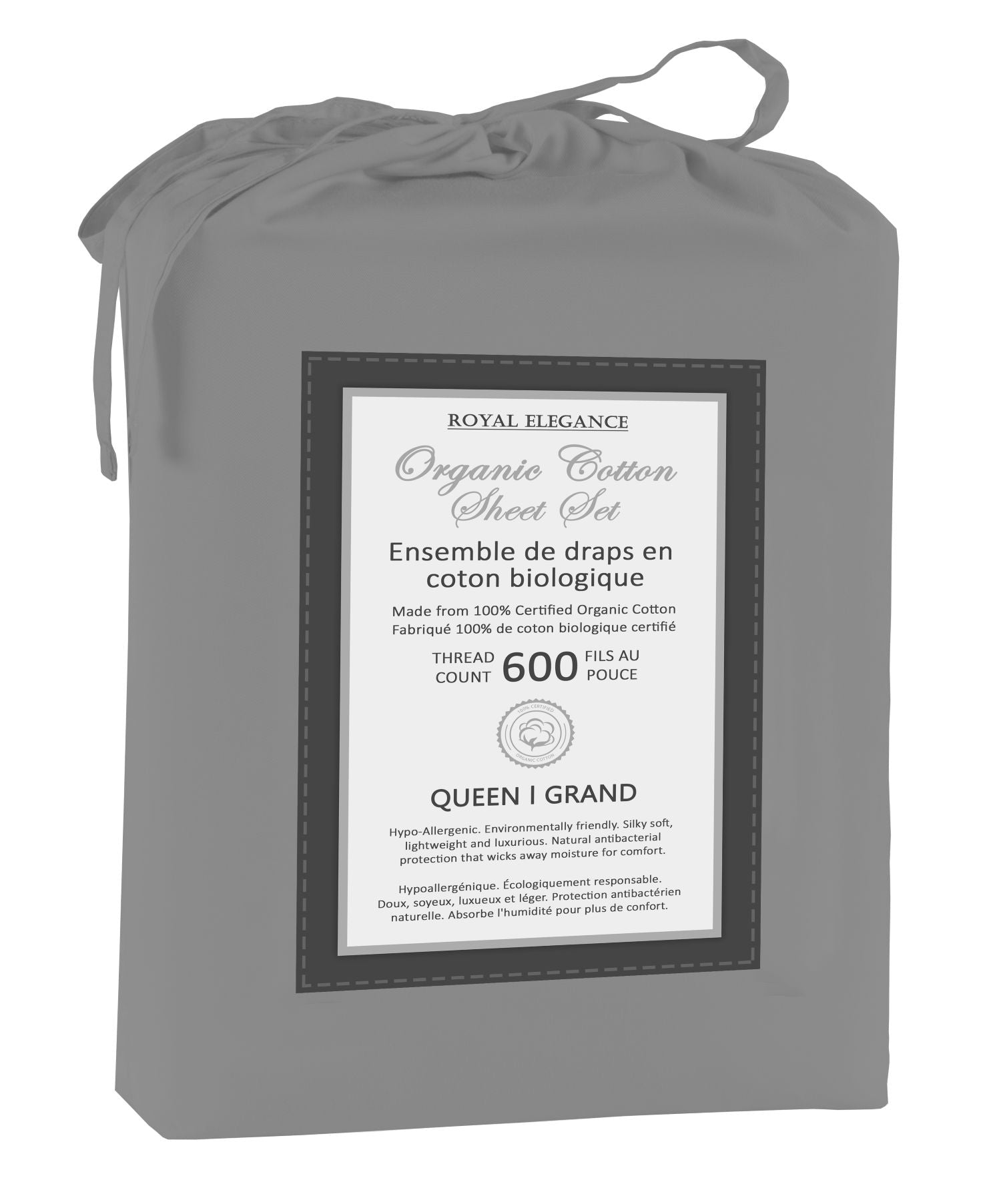 Cotton House 100% Organic Cotton King Sheet Set - 600 Thread Count Charcoal