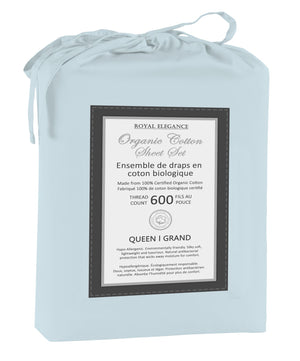 Cotton House Ens. Draps grand 100% coton biologique – 600 fils au pouce carré bleu