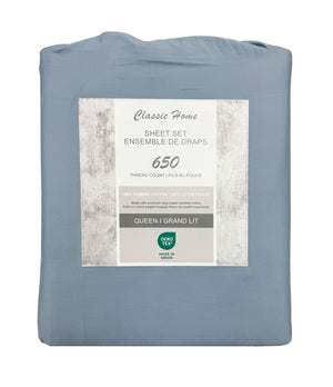 Cotton House Ens. Draps très grand 100% coton peigné – 650 fils au pouce carré bleu
