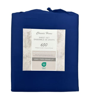 Cotton House Ens. Draps grand 100% coton peigné – 650 fils au pouce carré marine