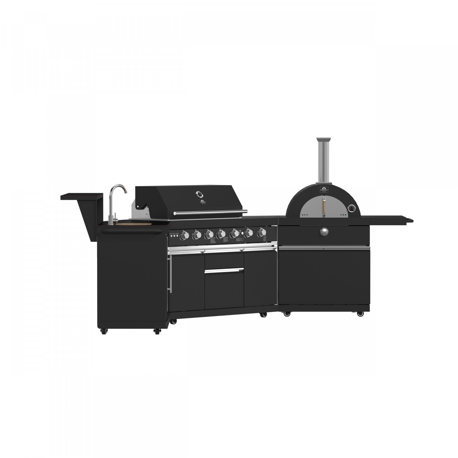 Forno All'Aperto Black Countertop Outdoor Kitchen with 74,600 BTU BBQ, Pizza Oven and Bar Module - FODKT2551BLK