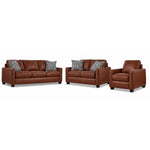City Leather Sofa, Loveseat and Chair Set - Brown with matching leather seating, patterned accent pillows and dark wood legs