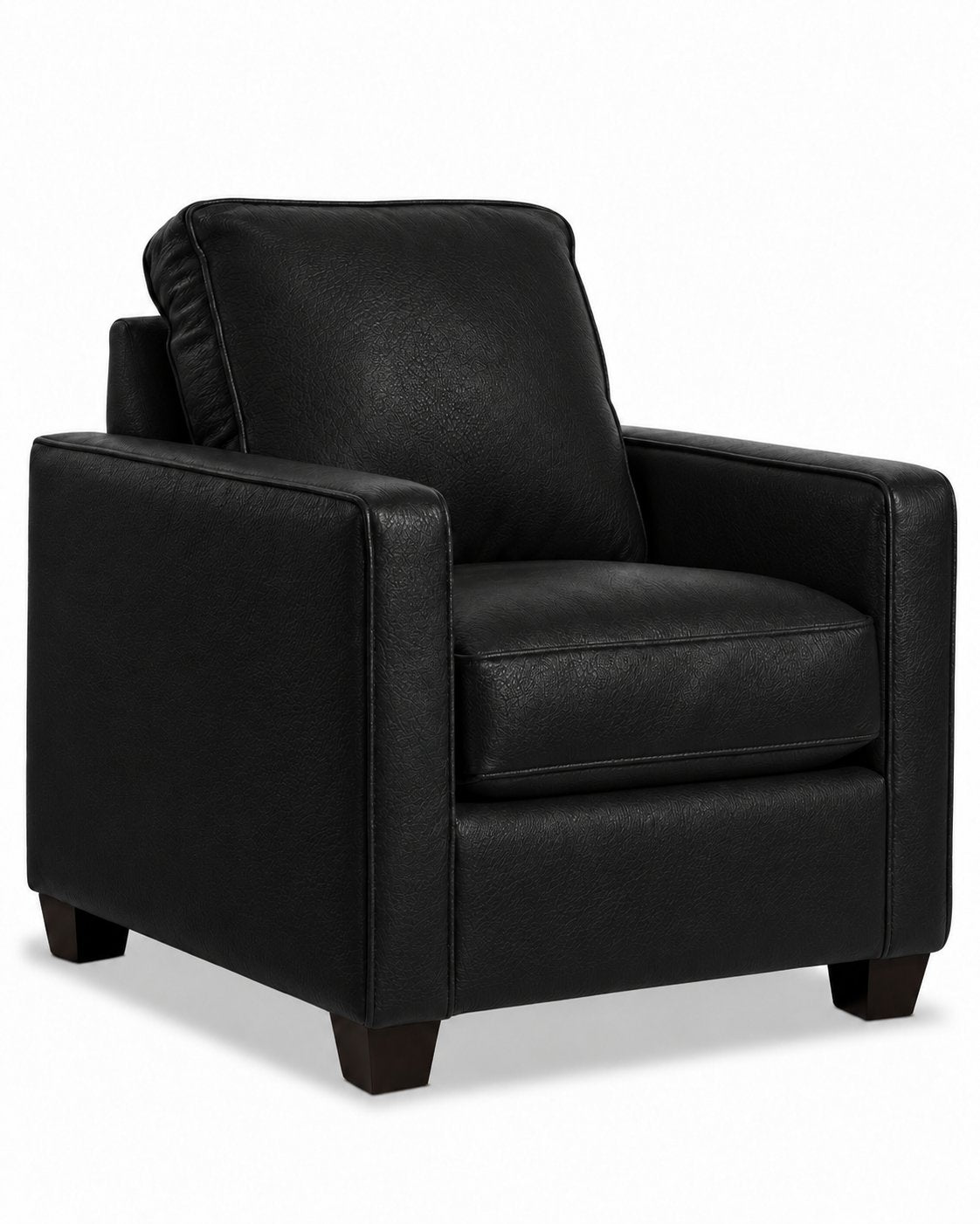 City Leather Chair - Black in a three-quarter view with a cushioned seat and back, slim track arms and dark wood legs