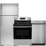 GE Stainless Steel Kitchen Package with Top-Freezer Refrigerator, Electric Range and Dishwasher
