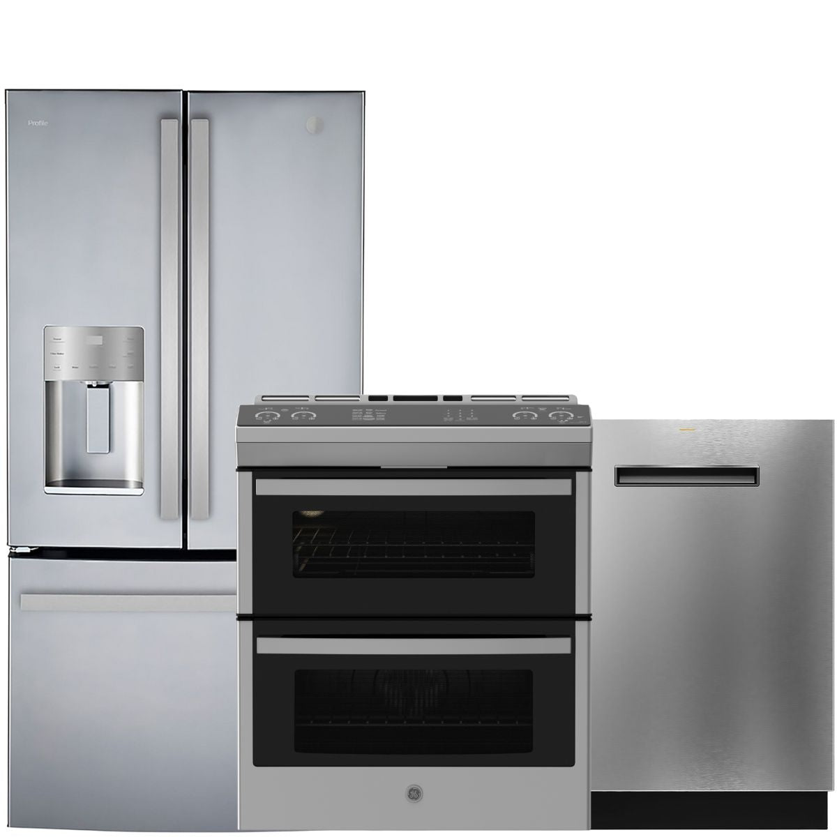 GE Profile Fingerprint Resistant Stainless Kitchen Package with French Door Refrigerator, Double Oven Range & Smart Dishwasher
