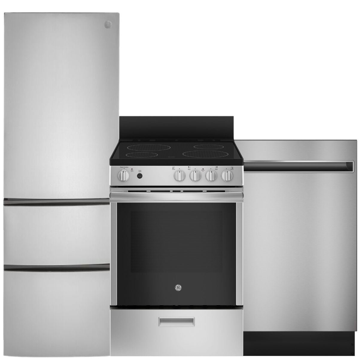GE Stainless Steel Loft Kitchen Package with Bottom-Freezer Refrigerator, Electric Range & Compact Dishwasher