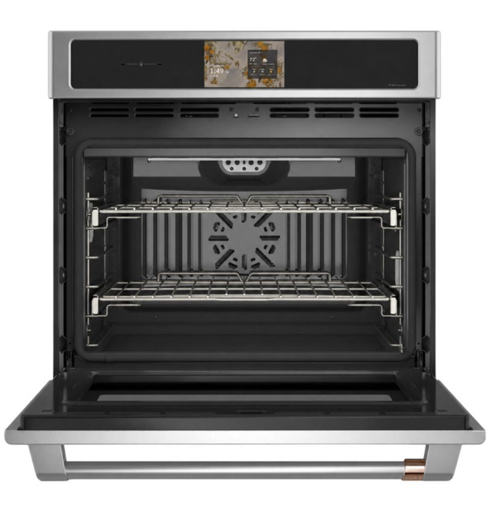 CAFÉ™ Professional Series 30" Matte White Smart Wall Oven open with racks and roasting tray inside