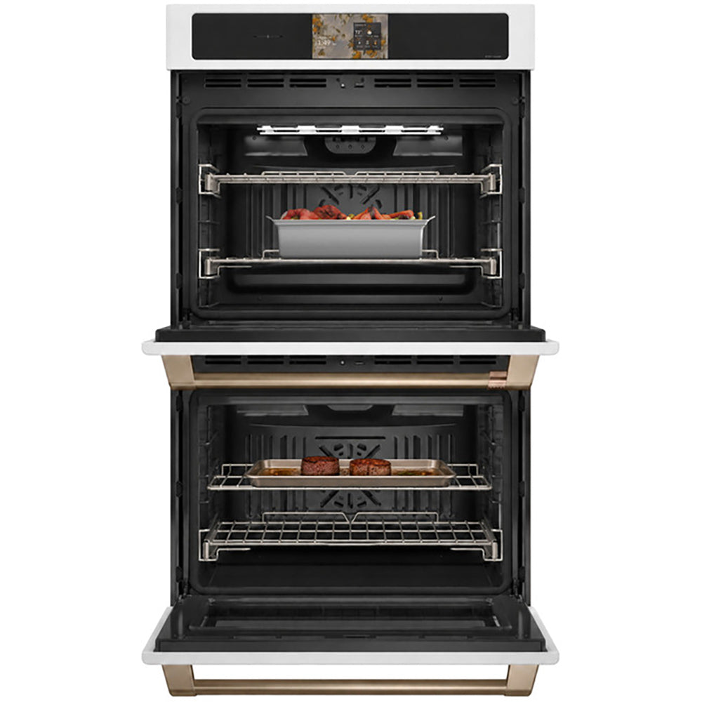 CAFÉ™ Professional Series 30" Matte White Double Wall Oven open with steaks above and roast chicken below