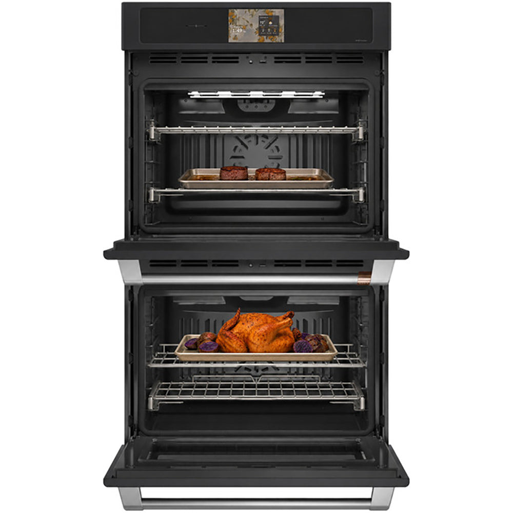 CAFÉ™ Professional Series 30" Matte Black Double Wall Oven open with steaks above and roast chicken below