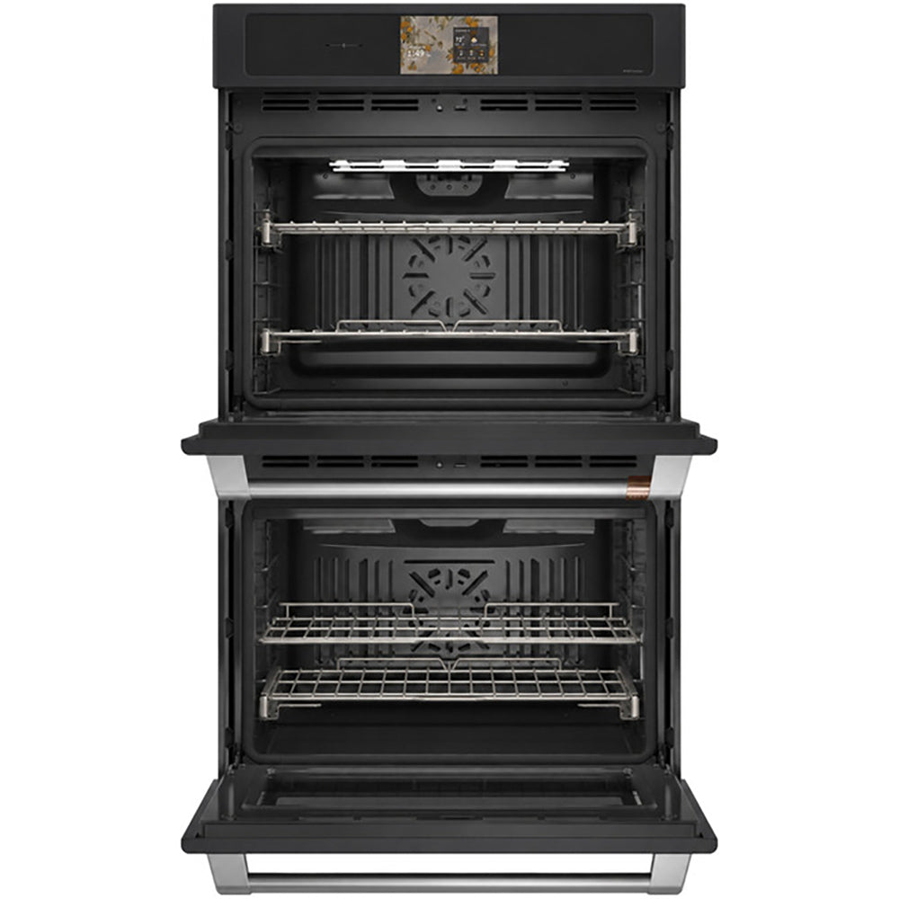 CAFÉ™ Professional Series 30" Matte Black Double Wall Oven open showing racks and convection fans
