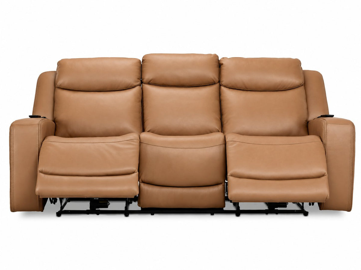 Jackson butternut leather reclining sofa front view with both end footrests extended and centre seat upright