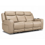Jackson Leather Power Reclining Sofa with Heat and Massage - Pristine angled view with three padded seats and headrests
