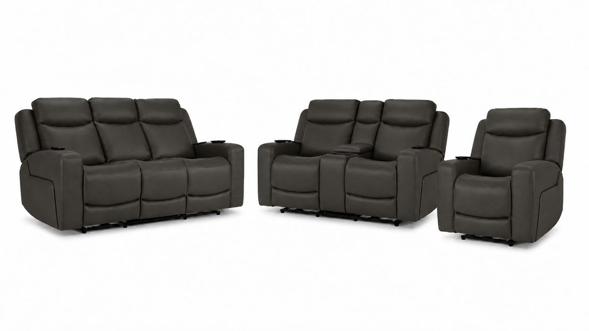 Jackson Leather Power Reclining Sofa, Loveseat and Recliner Set - Anthracite with plush headrests, wide arms and power controls