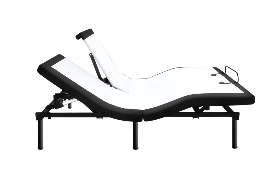 L2 Motion Lux Split Head King Adjustable Base with raised head and foot sections on black metal legs