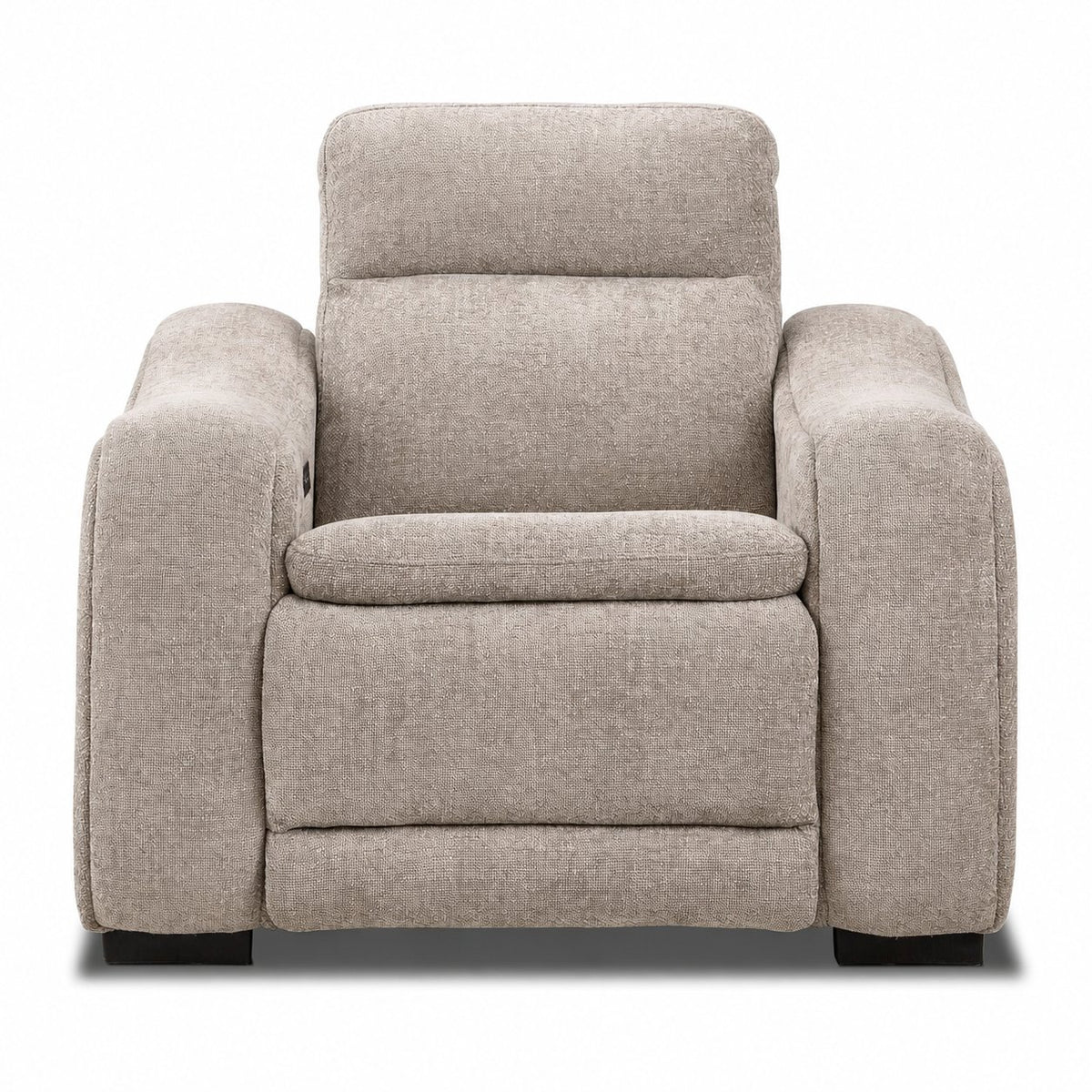 Madison Dual Power Recliner - Beige shown from the front with padded arms, cushioned backrest and closed footrest