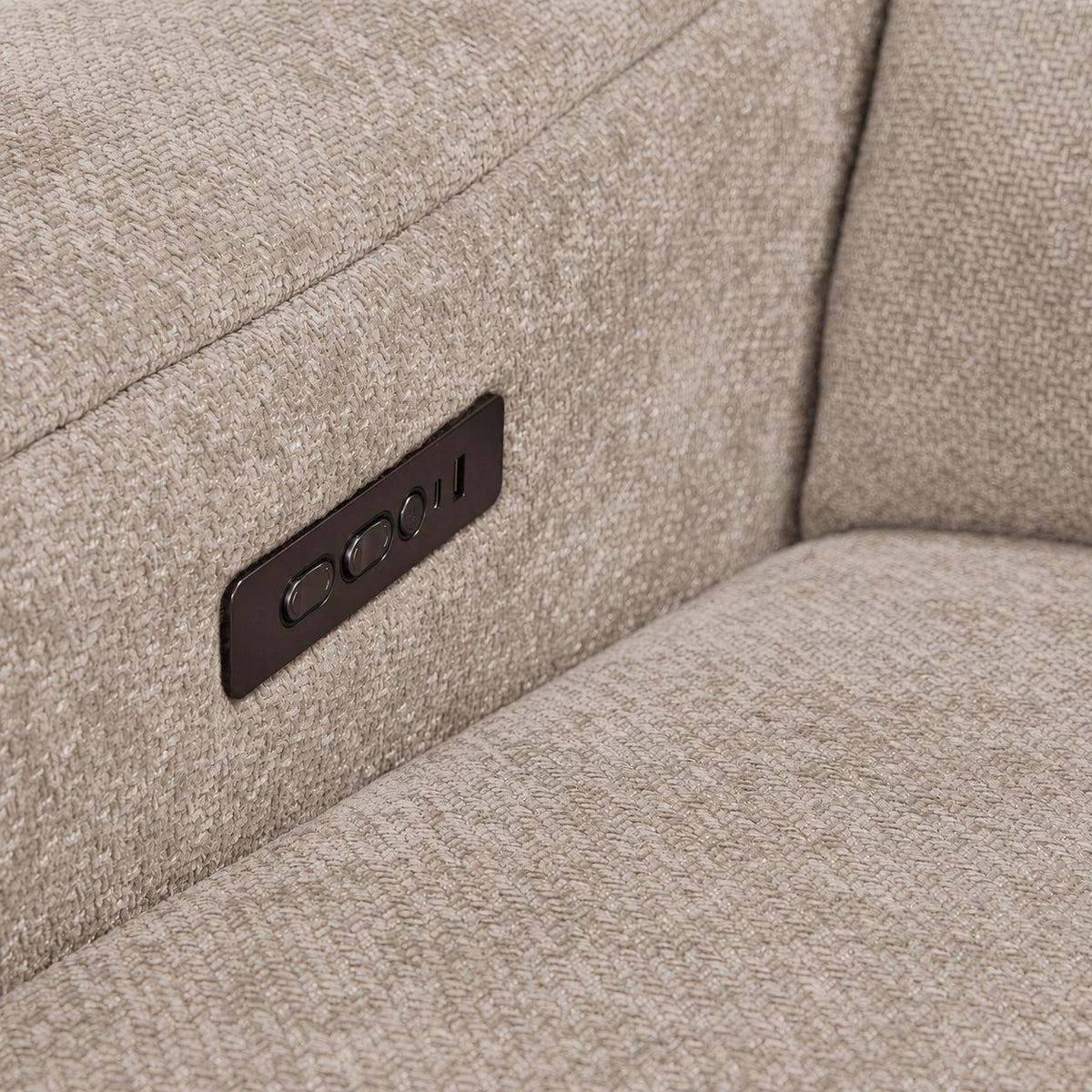 Madison 6-Piece Dual Power Reclining Sectional with Right-Facing Chaise - Beige close-up of built-in power controls beside the seat
