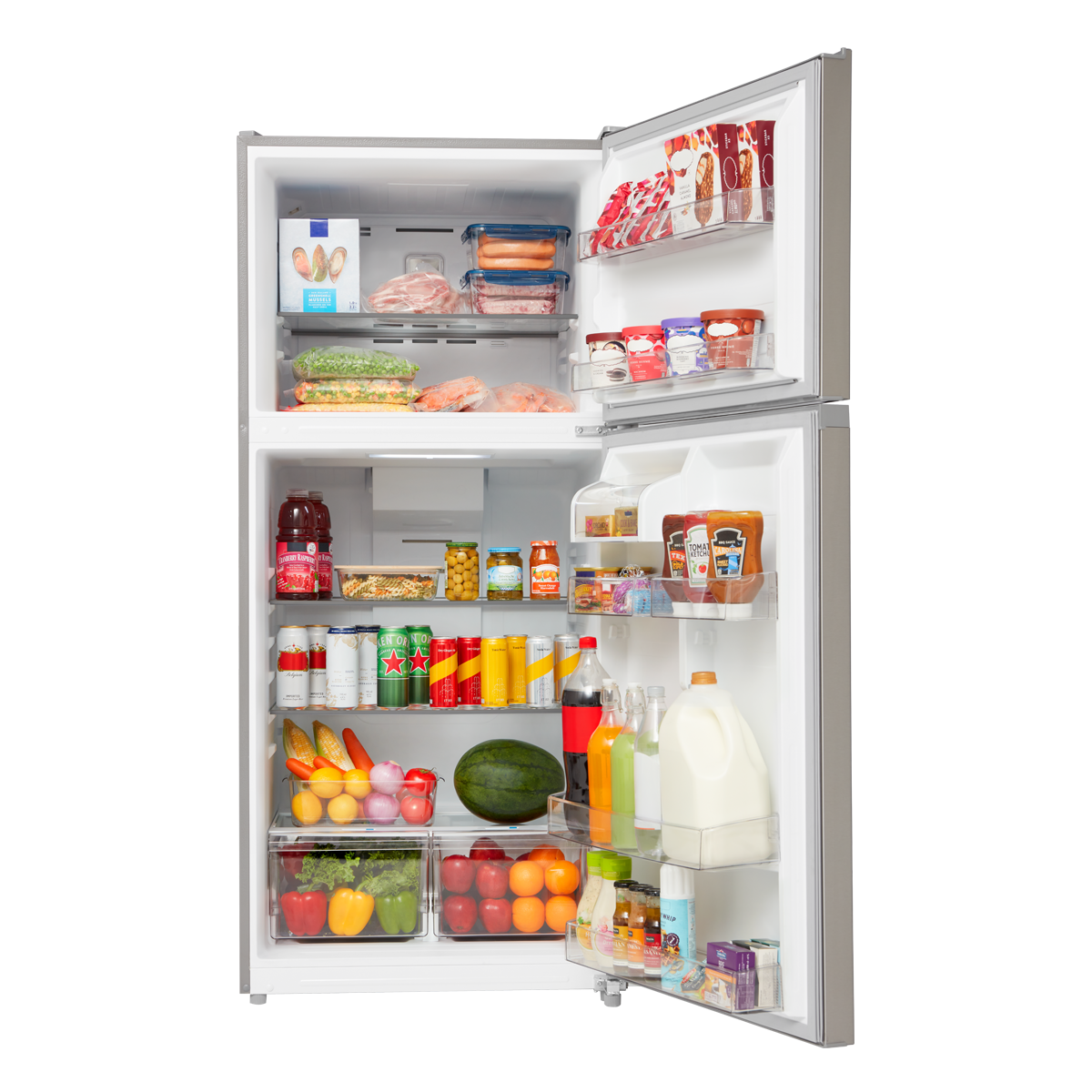Fully stocked top mount refrigerator with frozen food, beverages, produce and condiments