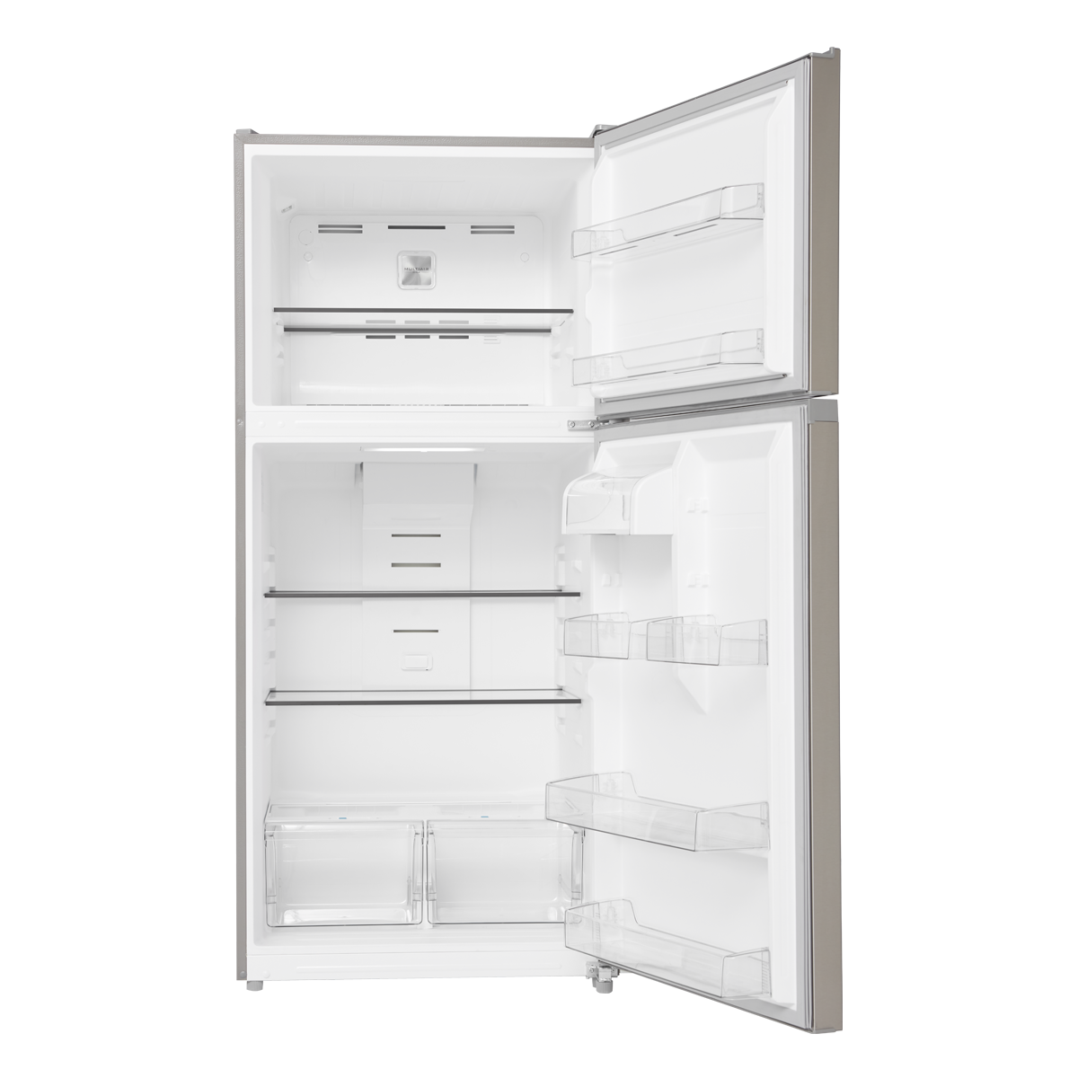 Open refrigerator showing freezer shelf, glass shelves, door bins and crisper drawers
