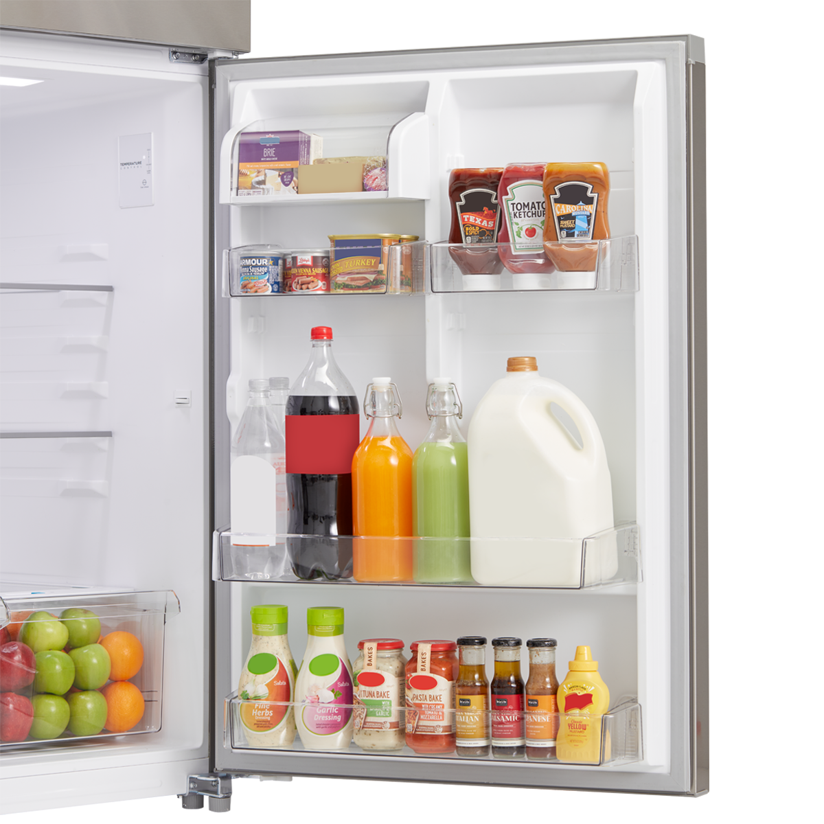 Door storage with beverage bottles, condiments and dairy items