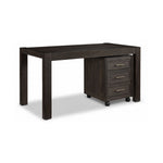 Modern Edge 60" Desk and Filing Cabinet Set - Dark Grey in a three-quarter view with ribbed desk apron, thick square legs and three-drawer rolling filing cabinet with brass-tone pulls