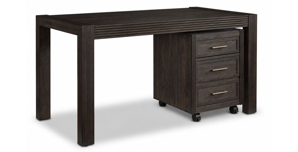 Modern Edge 60" Desk and Filing Cabinet Set - Dark Grey in a three-quarter view with ribbed desk apron, thick square legs and three-drawer rolling filing cabinet with brass-tone pulls