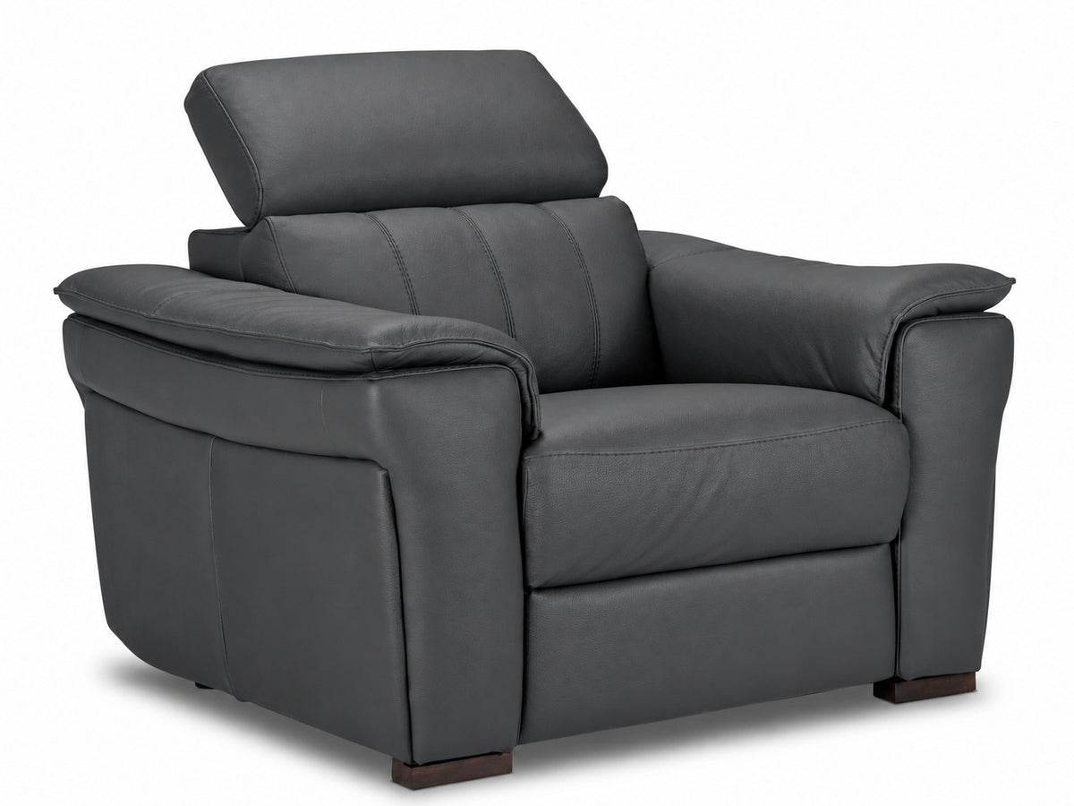 Angled chair with adjustable headrest lowered for a more relaxed seating position