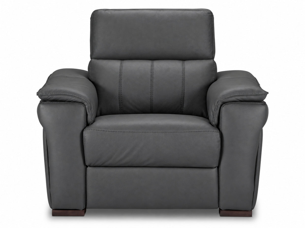 Front view of the leather chair with deep seat, stitched back cushion and wide padded arms