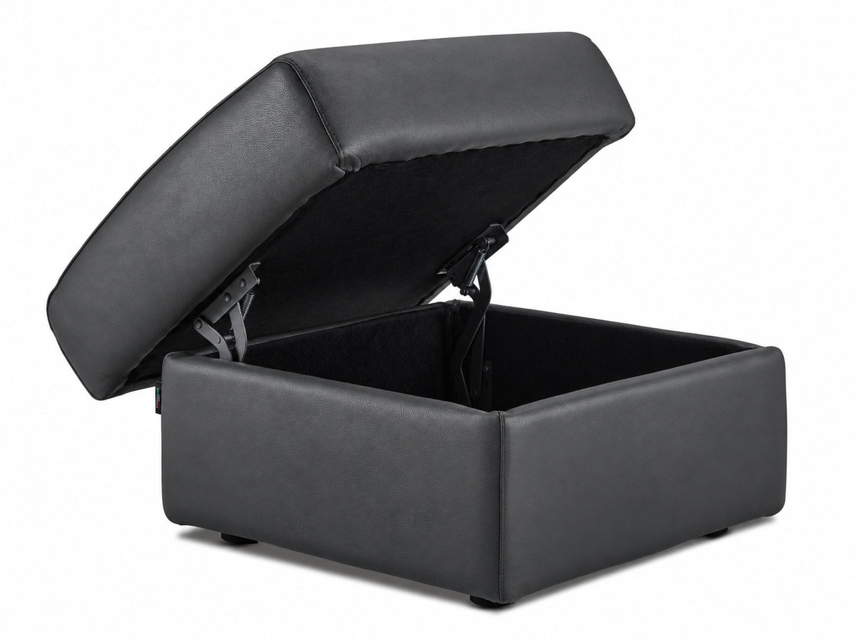 Dark grey leather ottoman with hinged cushion raised to reveal the interior storage compartment