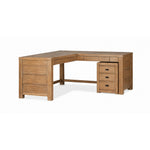 Plum Creek 70" Corner Desk and Filing Cabinet Set - Sierra Brown in a three-quarter view with spacious L-shaped desktop, paneled wood sides and matching three-drawer filing cabinet