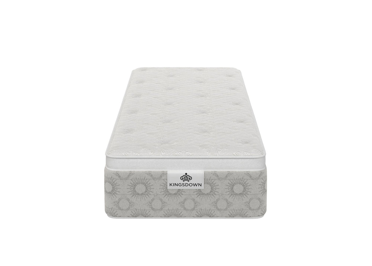 Front view of Kingsdown Atmosphere Firm Euro Top 30 x 80 in Queen Split Mattress with tufted top and Kingsdown Kloud branding