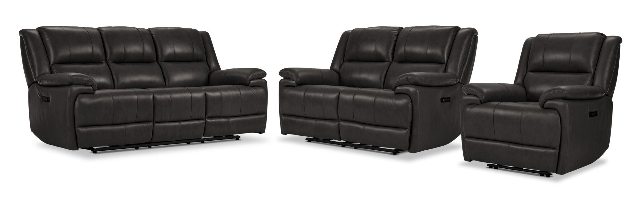 Allie Leather Dual Power Reclining Sofa, Loveseat and Recliner Set - Granite