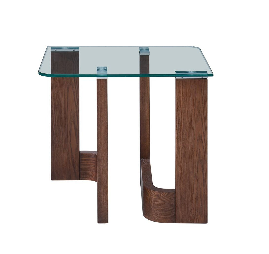 Anabelle 22" End Table - Brandy front view with clear glass top and curved wood supports