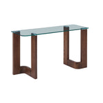 Anabelle 52" Sofa Table - Brandy with clear glass top and sculpted wood base in a warm brown finish